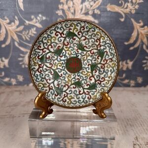 Vintage Estate Chinese Cloisonne Brass Enamel Floral Trinket Dish